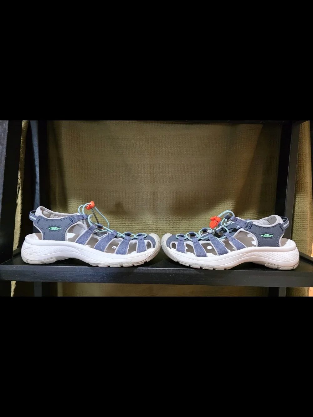 Keen Womens Closed-Toe Sandals in Navy, Gray and Teal with Orange Toggle